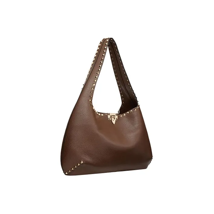 Valentino GARAVANIRockstud Grained Calfskin Hobo Bag Handbag Shoulder Bag Small Size Women's Coffee-1