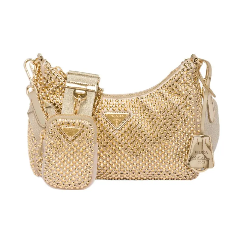 PRADA Re Edition Faux Crystal Satin Fabric Combo Bag Crossbody Bag Shoulder Bag Women's Platinum-0