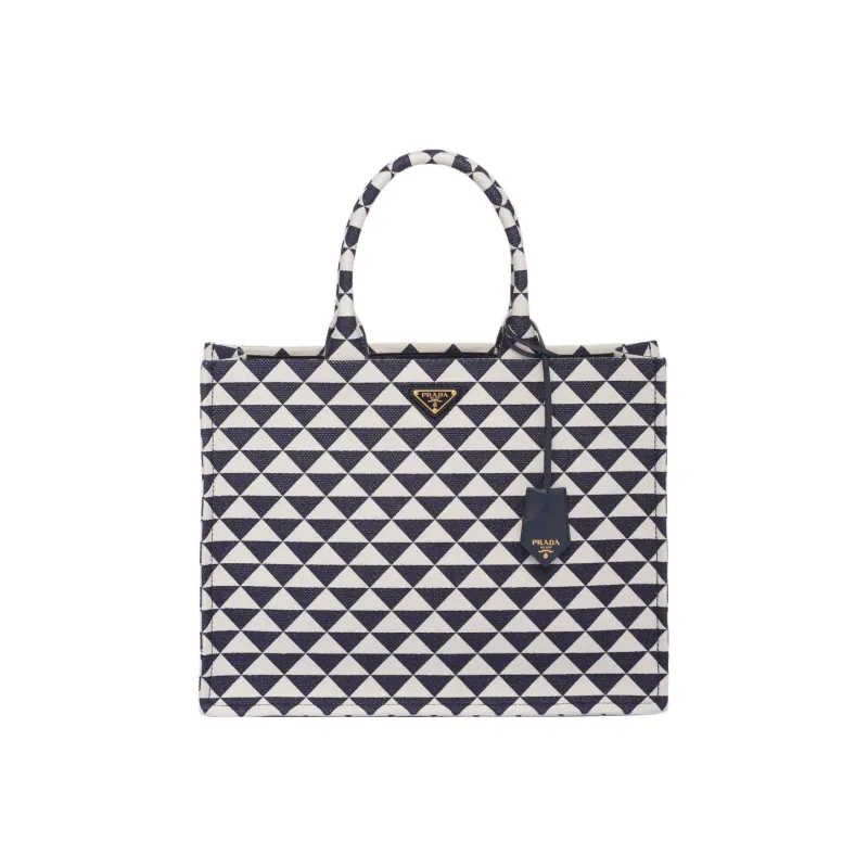 PRADA Symbol Fabric With Leather Tote Bag Shopping Bag Handbag Men's Blue/White-0