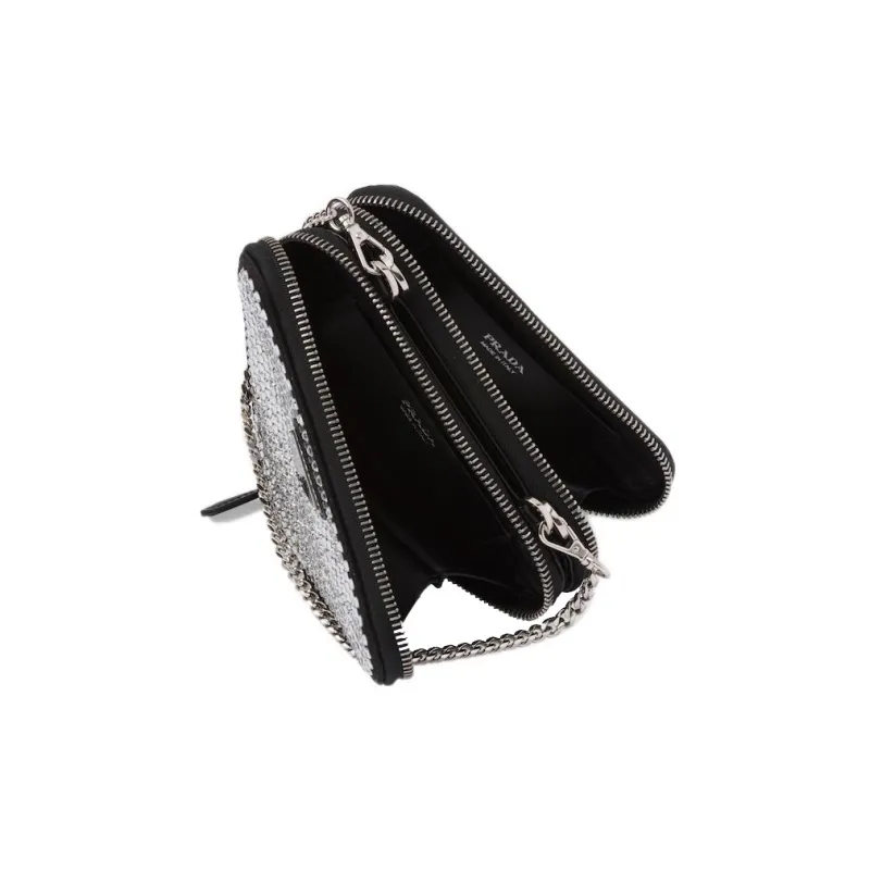 PRADA Embellished Satin And Leather Mini Pouch Crystal-3