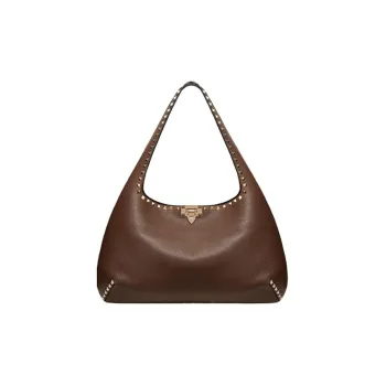 Valentino GARAVANIRockstud Grained Calfskin Hobo Bag Handbag Shoulder Bag Small Size Women's Coffee