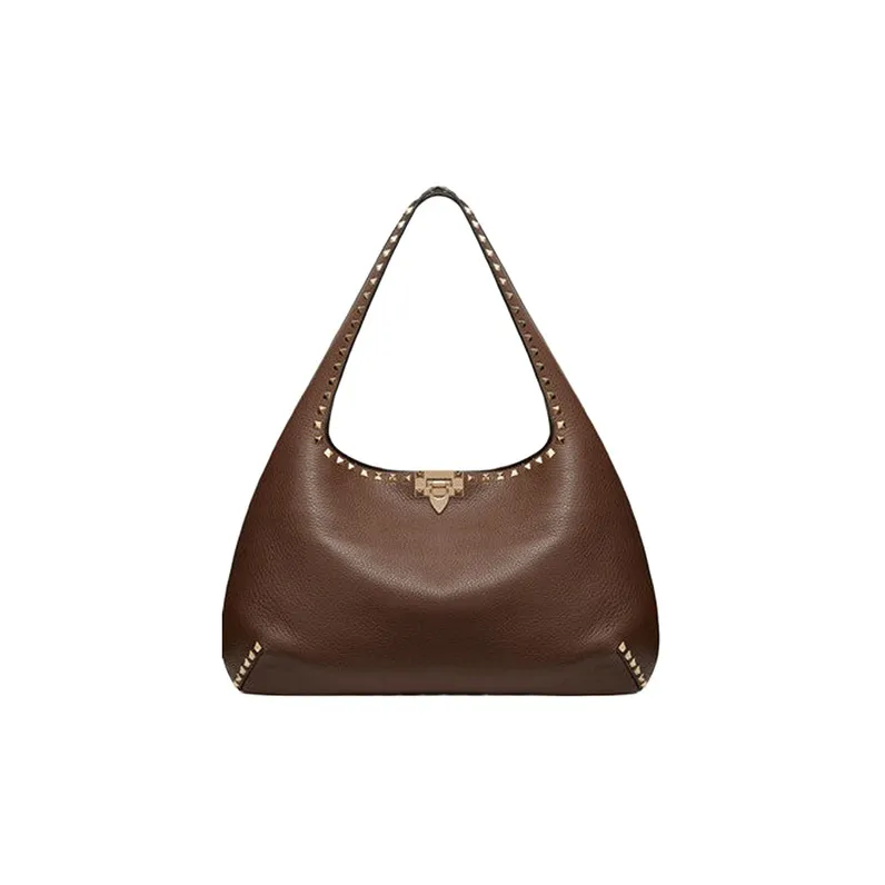 Valentino GARAVANIRockstud Grained Calfskin Hobo Bag Handbag Shoulder Bag Small Size Women's Coffee-0