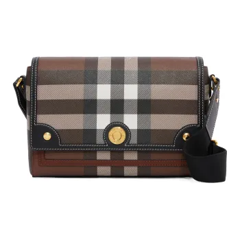 Burberry Exaggerated Check And Leather Note Crossbody Bag Dark Birch Brown