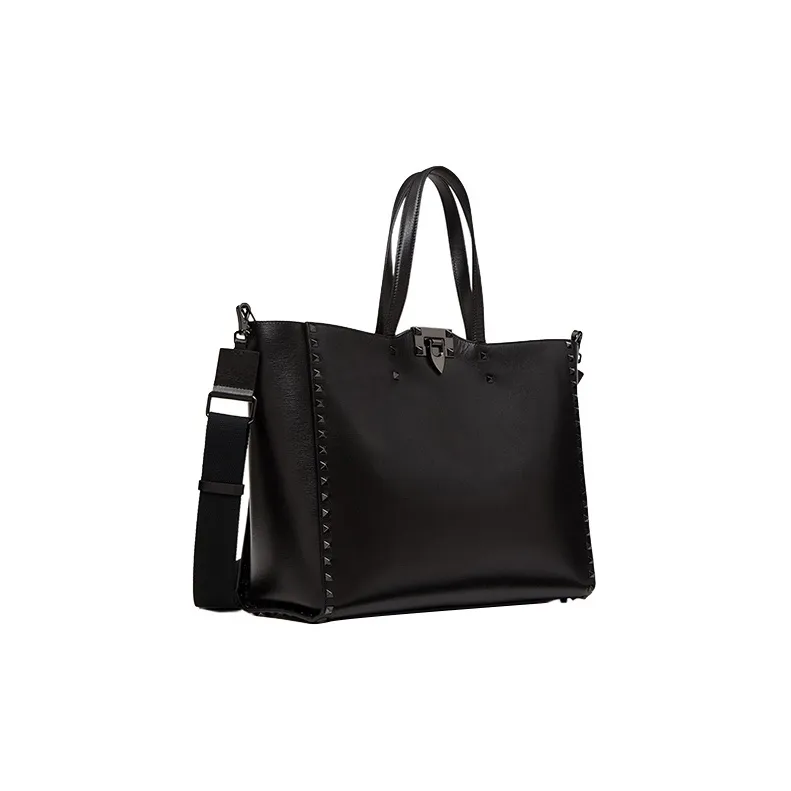 Valentino ROCKSTUD Grained Calfskin Tote Bag Shopping Bag Shoulder Bag Handbag Men's Black-1
