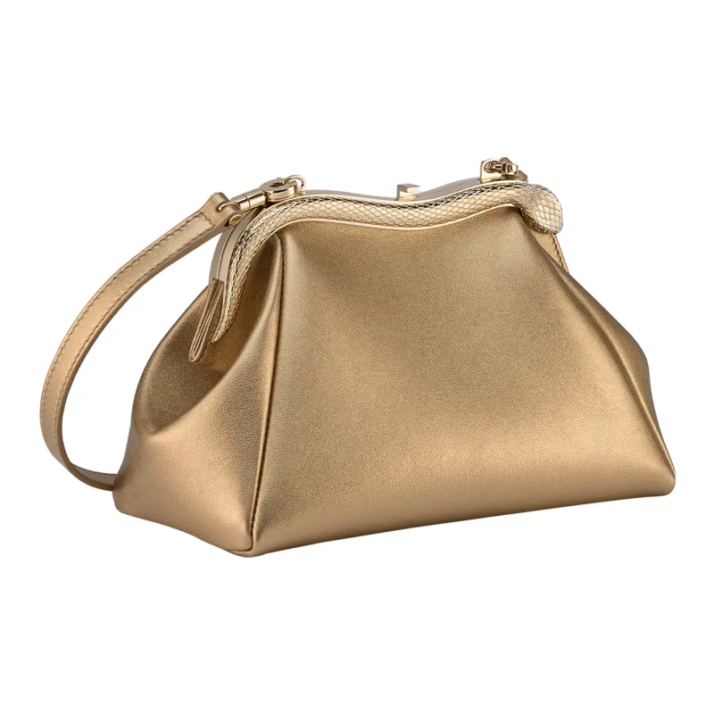 BVLGARI Serpenti Series Calfskin One Shoulder Crossbody Clutches Small Size Women's Gold-2