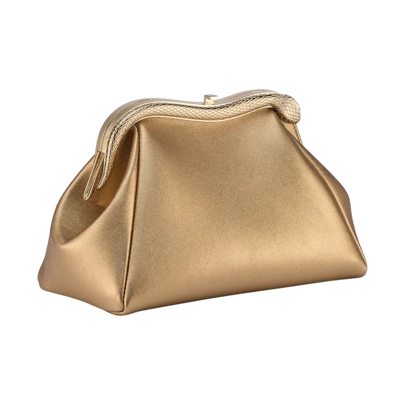 BVLGARI Serpenti Series Calfskin One Shoulder Crossbody Clutches Small Size Women's Gold-1