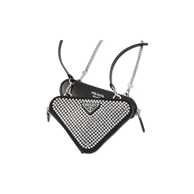 PRADA Embellished Satin And Leather Mini Pouch Crystal-4