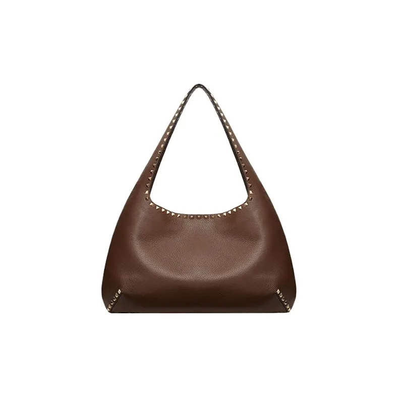 Valentino GARAVANIRockstud Grained Calfskin Hobo Bag Handbag Shoulder Bag Small Size Women's Coffee-2