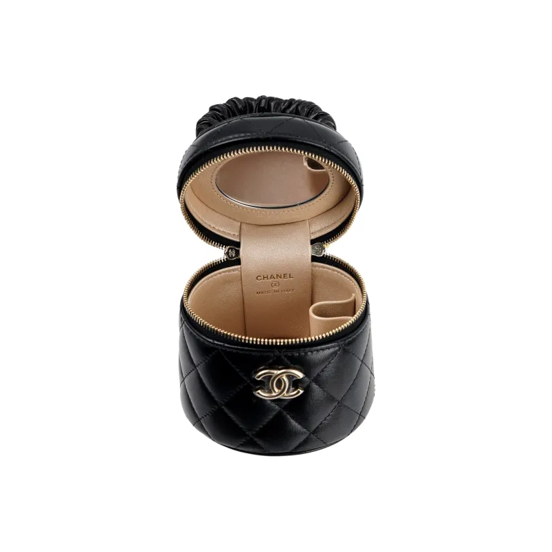CHANEL Lambskin Handbag, Makeup Bag, Includes Makeup Mirror Trumpets Women's Black-3