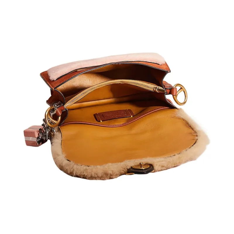 COACH Beat Shearling, Glove Tanned Leather, Suede Crossbody One Shoulder Handbag Medium Size Women's Khaki & Pink-2