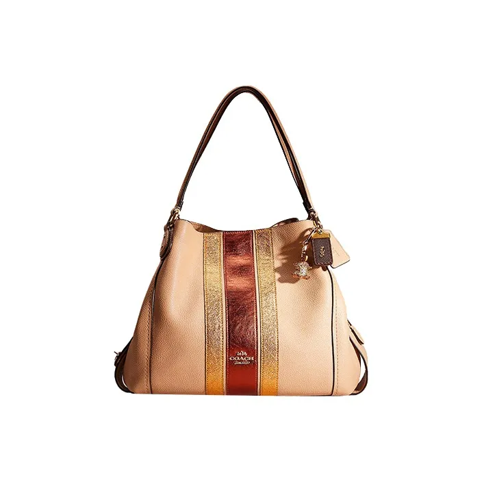 COACH Edie Pebbled Leather Portable Crossbody Bag Shoulder Bag Large Size Women's Beech Wood Color-0