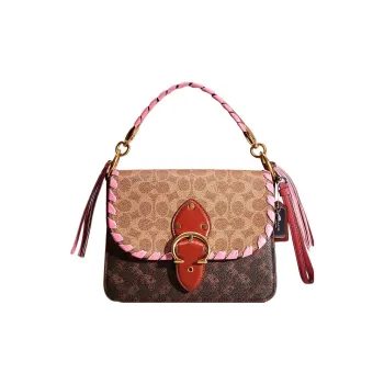 COACH Beat Coated Canvas With Calfskin Portable Crossbody Bag Shoulder Bag Medium Size Women's Tan & Rust
