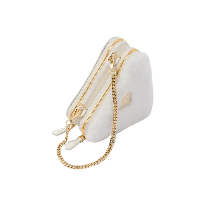 PRADA Shearling Bonded Leather One Shoulder Crossbody Clutches Mini Women's White-1