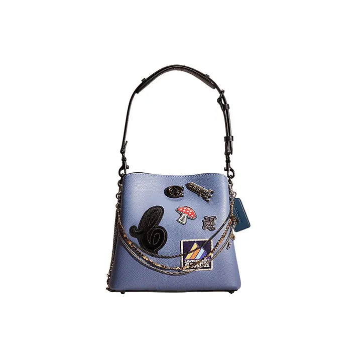 COACH Willow Glossy Pebbled Leather Bucket Bag Handbag Shoulder Bag Crossbody Bag Medium Size Women's Washable Blue-0
