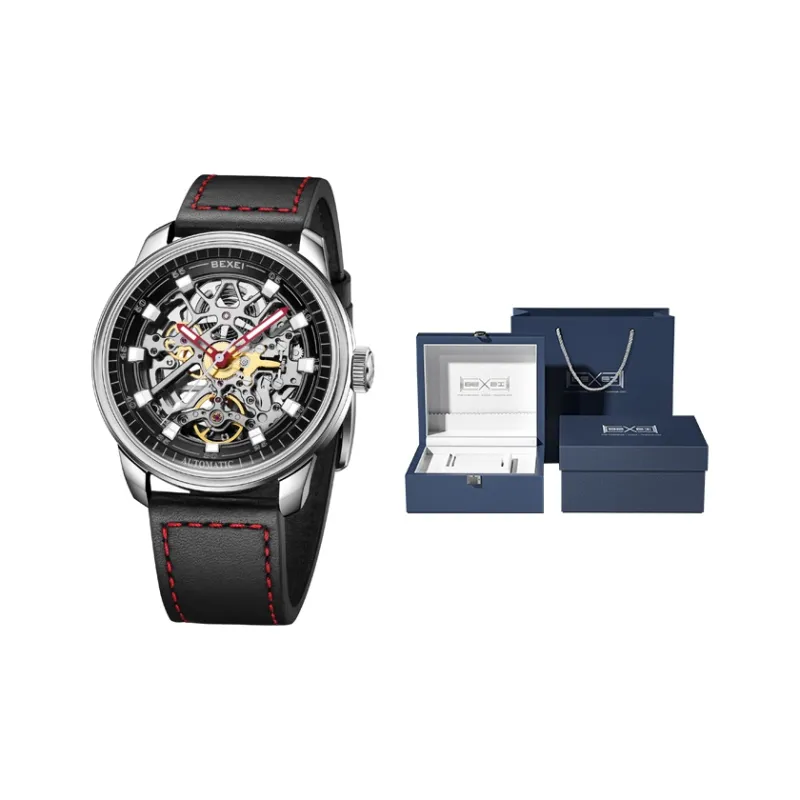 BEXEI Automatic Mechanical Movement Genuine Leather Strap Watch Men's Watches Cut-Out Dial 9109-LKYH-1