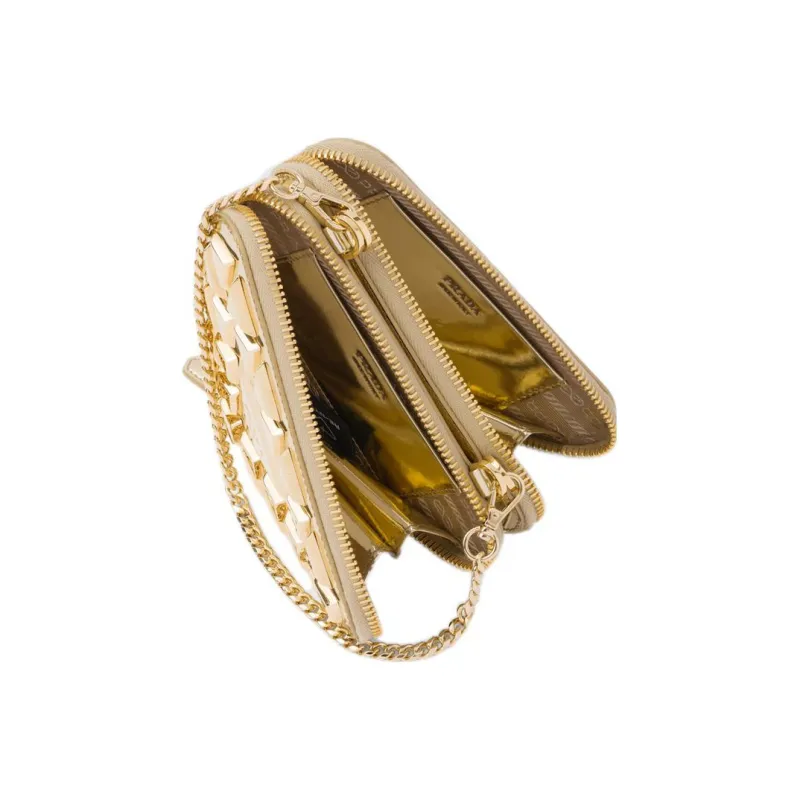 PRADA Leather One Shoulder Crossbody Clutches Mini Women's Gold-3