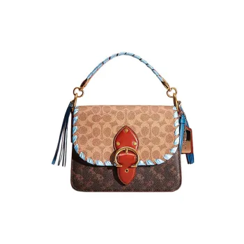 COACH Beat Canvas With Calfskin Handbag Shoulder Bag Medium Size Women's Tan & Rust