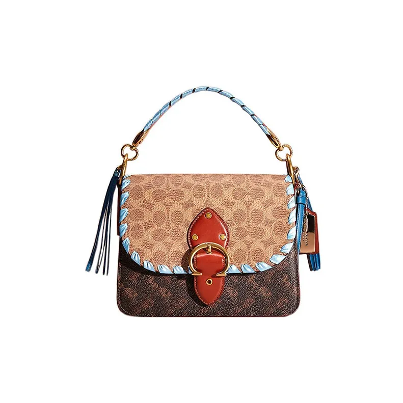 COACH Beat Canvas With Calfskin Handbag Shoulder Bag Medium Size Women's Tan & Rust-0