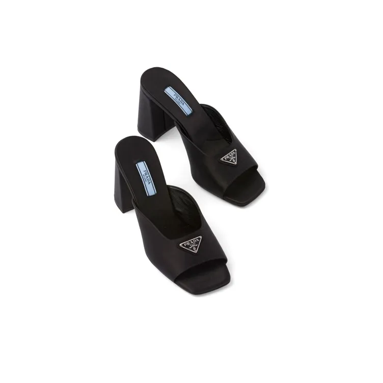 PRADA Enamel Triangle Logo 85mm High-heel Satin Slides-3