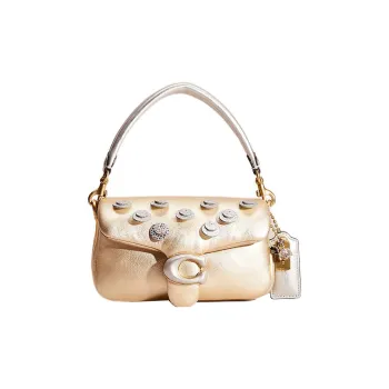 COACH Pillow Metallic-Feeling Soft Calfskin Handbag Shoulder Bag Small Size Women's Gold