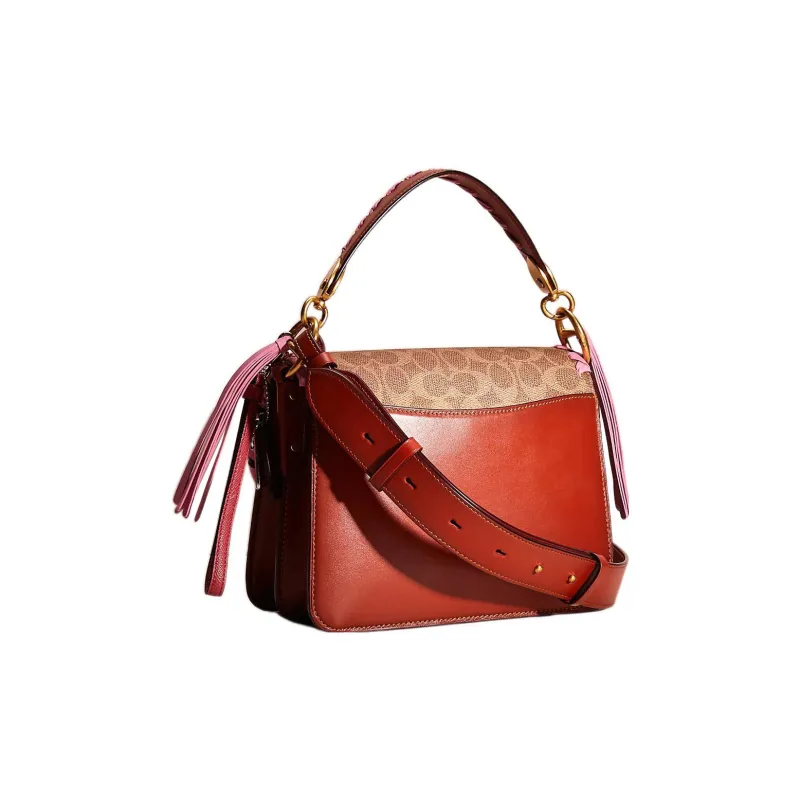 COACH Beat Coated Canvas With Calfskin Portable Crossbody Bag Shoulder Bag Medium Size Women's Tan & Rust-1