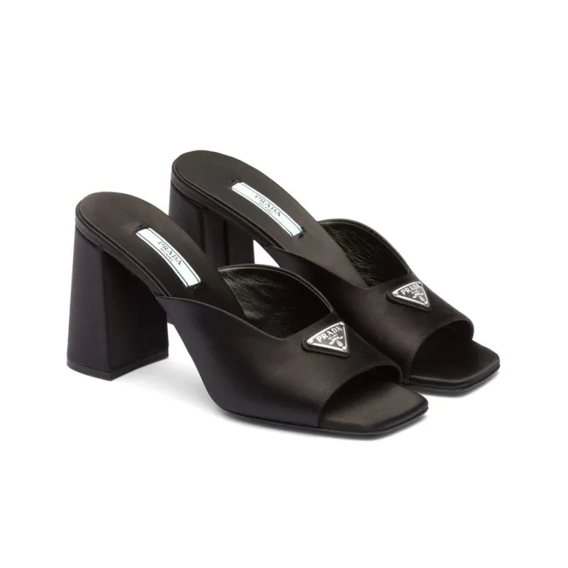 PRADA Enamel Triangle Logo 85mm High-heel Satin Slides-2