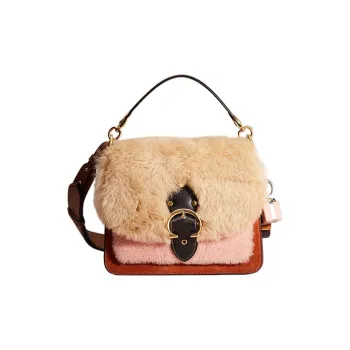 COACH Beat Shearling, Glove Tanned Leather, Suede Crossbody One Shoulder Handbag Medium Size Women's Khaki & Pink