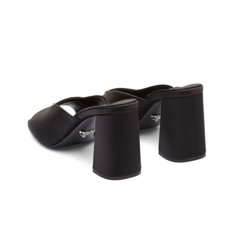 PRADA Enamel Triangle Logo 85mm High-heel Satin Slides-4