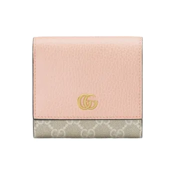 GUCCI GG Marmont Textured Leather With Canvas Wallet Small Size Women's Pink