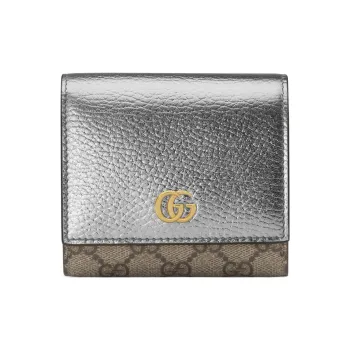 GUCCI GG Marmont Leather Paneled Canvas Wallet Small Size Women's Silver