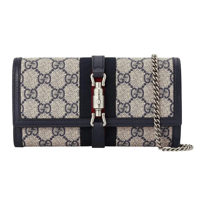 GUCCI Jackie 1961 Canvas With Leather WOC Chain Bag Shoulder Bag Crossbody Bag Small Size Women's Blue Black-0