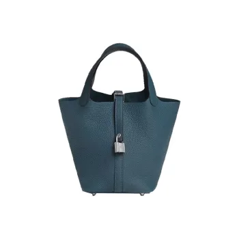 HERMES Picotin Clemence Bullock Leather Basket Bag Handbag Bucket Bag Regular Women's 7P Bleu De Prusse Prussian Blue