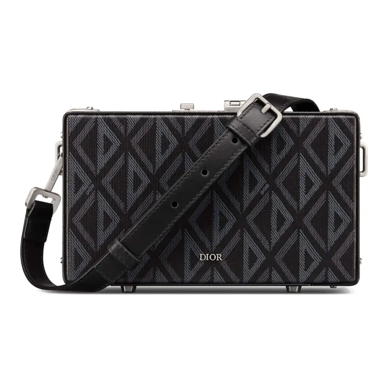 DIOR Lock Canvas Cow Leather Patchwork Messenger Bag Shoulder Bag Crossbody Bag Mini Men's Black-0