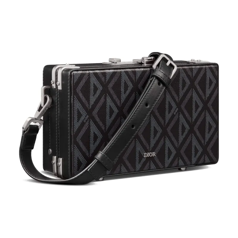 DIOR Lock Canvas Cow Leather Patchwork Messenger Bag Shoulder Bag Crossbody Bag Mini Men's Black-2
