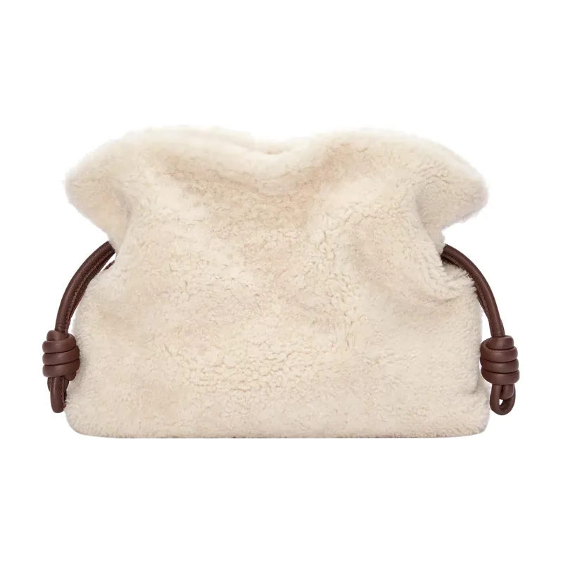 LOEWE Flamenco Shearling One Shoulder Crossbody Clutches Women's Soft White/Chocolate-3