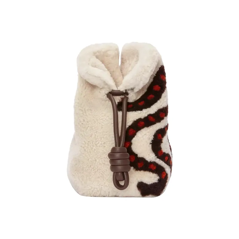 LOEWE Flamenco Shearling One Shoulder Crossbody Clutches Women's Soft White/Chocolate-2