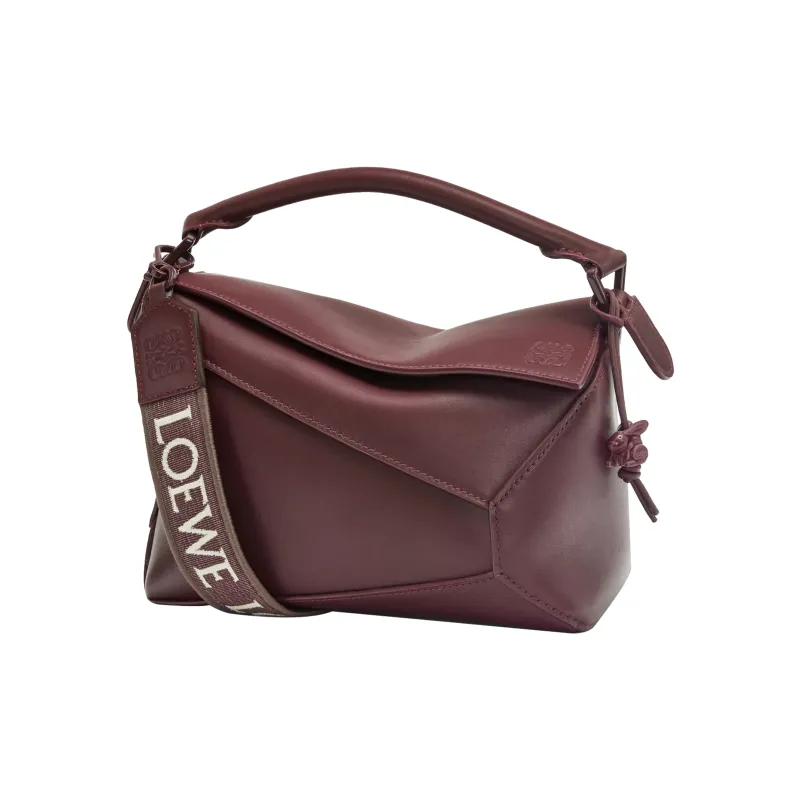LOEWE Puzzle Satin Cow Leather Shoulder Bag Crossbody Bag Handbag Small Size Women's Burgundy-0