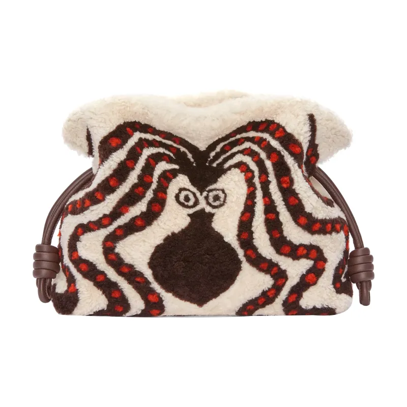LOEWE Flamenco Shearling One Shoulder Crossbody Clutches Women's Soft White/Chocolate-0