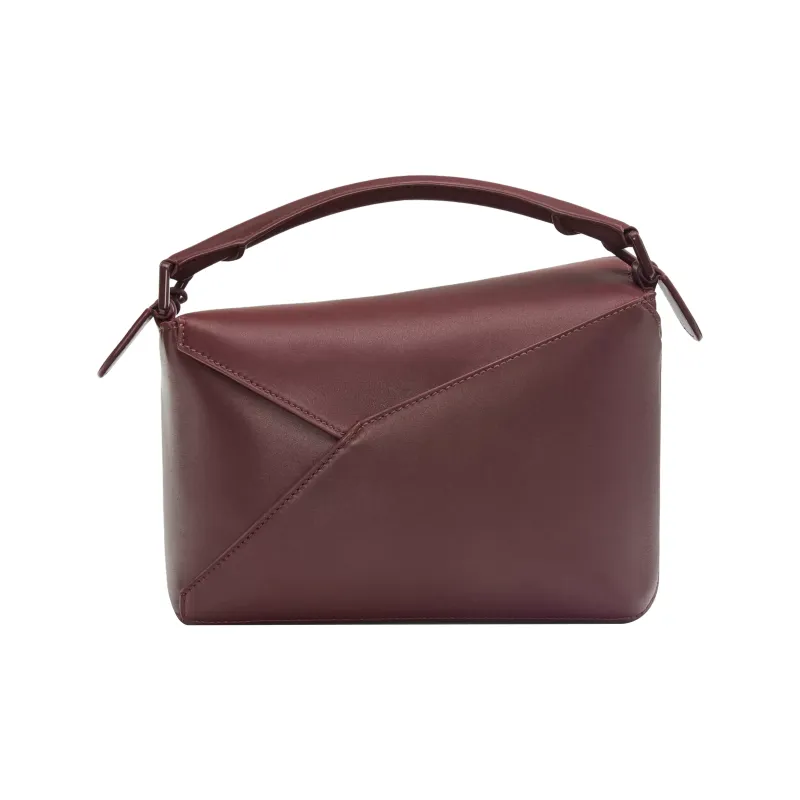 LOEWE Puzzle Satin Cow Leather Shoulder Bag Crossbody Bag Handbag Small Size Women's Burgundy-3
