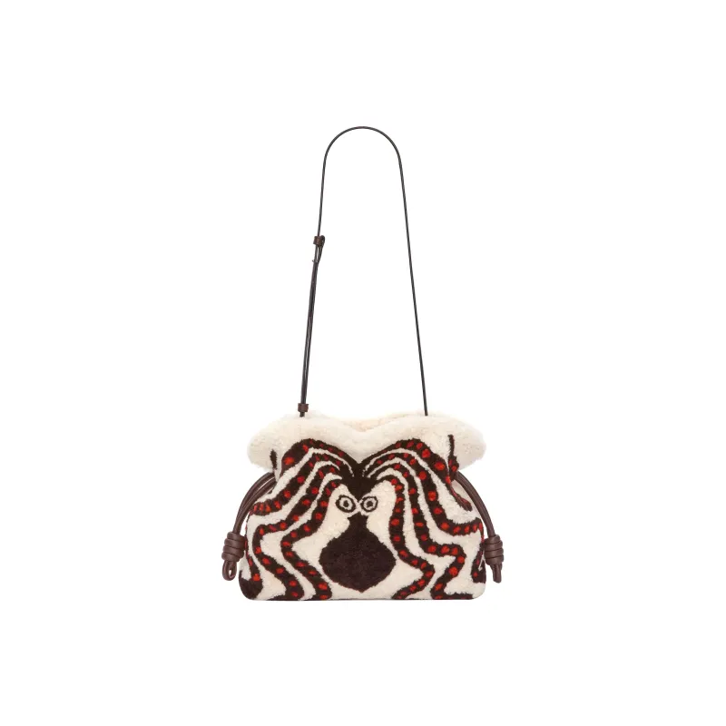 LOEWE Flamenco Shearling One Shoulder Crossbody Clutches Women's Soft White/Chocolate-4