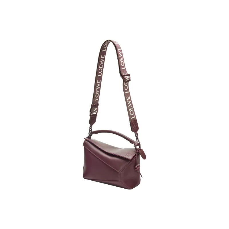 LOEWE Puzzle Satin Cow Leather Shoulder Bag Crossbody Bag Handbag Small Size Women's Burgundy-4