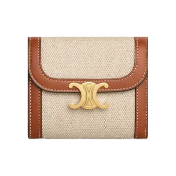CELINE Triomphe Fabric Cow Leather Patchwork Card Holder Wallet Small Size Women's Natural/Tan