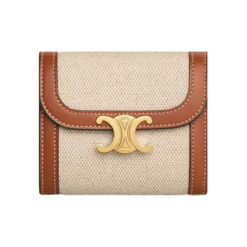 CELINE Triomphe Fabric Cow Leather Patchwork Card Holder Wallet Small Size Women's Natural/Tan