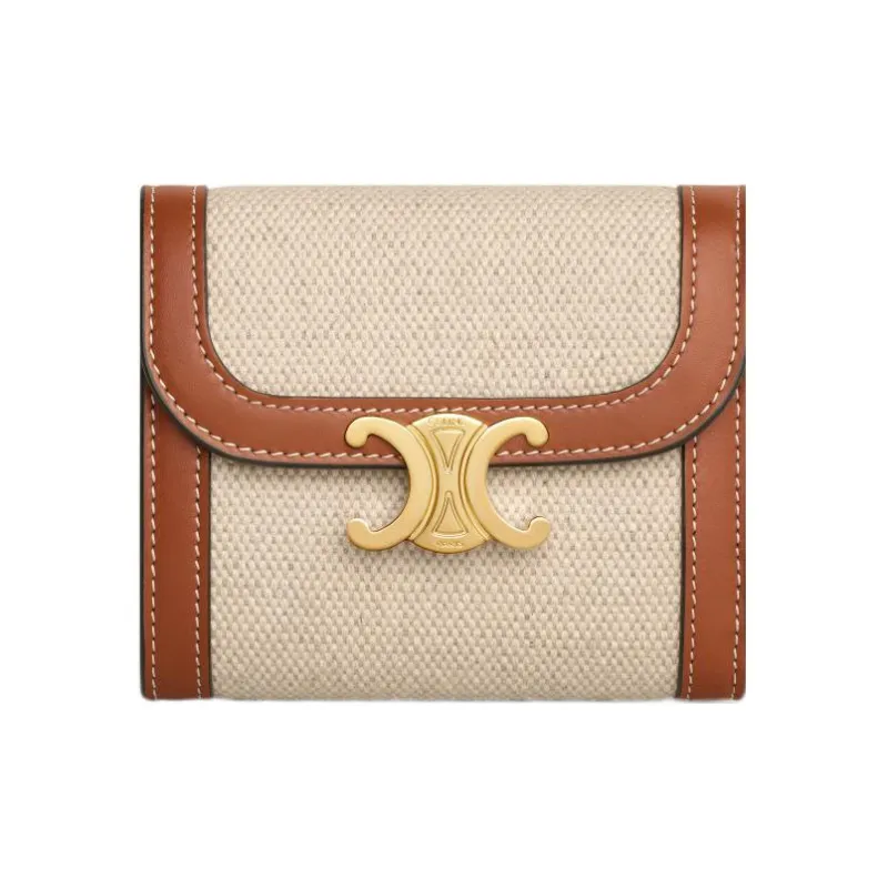 CELINE Triomphe Fabric Cow Leather Patchwork Card Holder Wallet Small Size Women's Natural/Tan-0