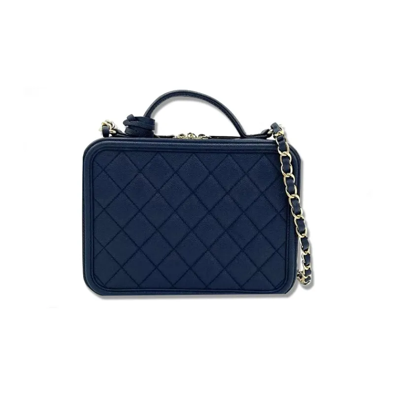 CHANEL Cow Leather Makeup Bag, Handbag, Shoulder Bag, Crossbody Bag Women's Navy Blue-1