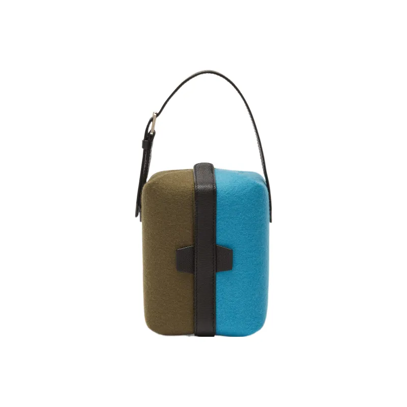 Valextra Tric Trac Millepunte Calfskin With Felt Box Bag Shoulder Bag Crossbody Bag Women's Army Green/Blue-1