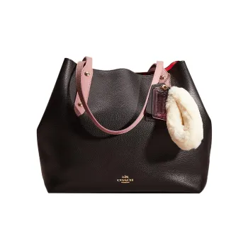 COACH Market Tote Pebbled Leather One Shoulder Handbag Large Size Women's Black & Red