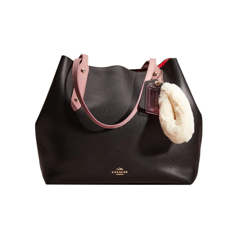 COACH Market Tote Pebbled Leather One Shoulder Handbag Large Size Women's Black & Red-0
