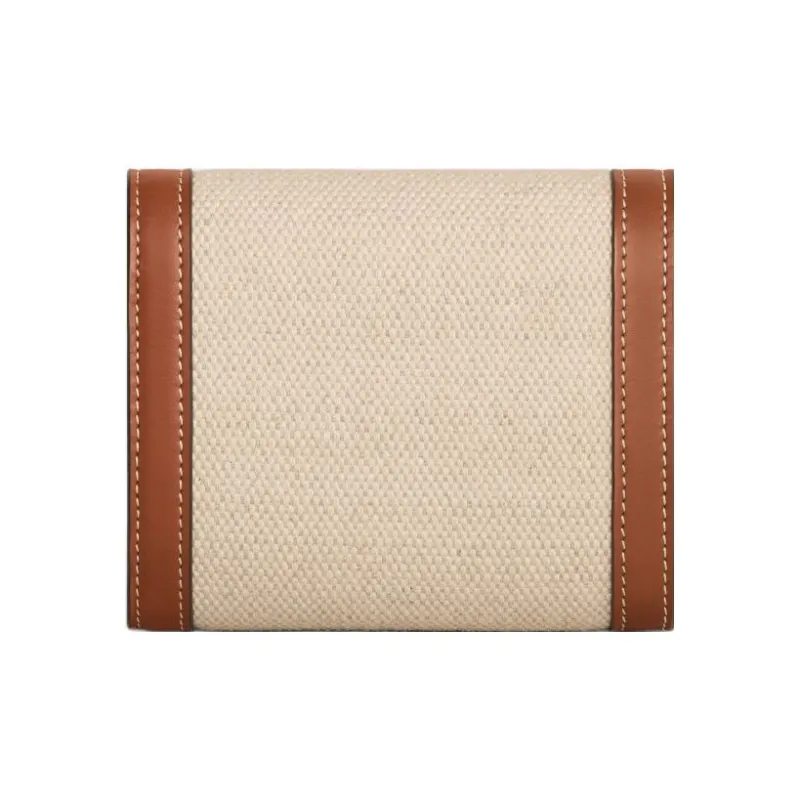 CELINE Triomphe Fabric Cow Leather Patchwork Card Holder Wallet Small Size Women's Natural/Tan-1