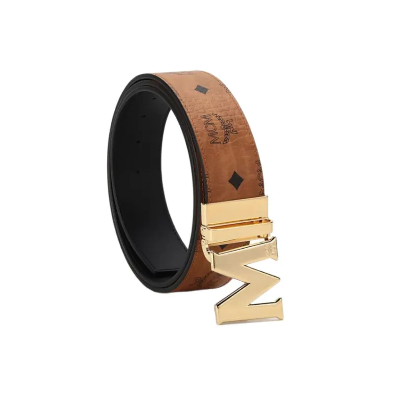 MCM Coated Canvas With Leather Board Buckle Double-Sided Belt Leather Belts Women's Black Cognac Gold Width 2.8cm-1